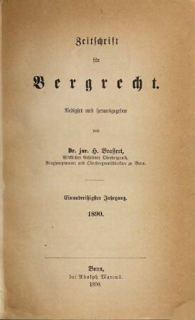 Zeitschrift für Bergrecht : ZfB. 31. 1890