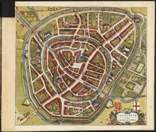 Stadtplan von Amersfoort in den Niederlande, 1: 2100, kolorierter Kupferstich, um 1657 : Amisfurtum, Vulgo Amersfoort - [Ca. 1:2.100] /[Amsterdam] : [Ioannes Ianssonius], [1657]. - 1 Vogelschaukarte : Kupferst. ; 50,7 x 45,8 cm. - Mit 2 Wappen. - Vermutl. aus: Theatrum Urbium Celebriorum totius Belgii Sive Germaniae Inferioris [Theatrum / 4] / Jansson, Jan. - Amstelodami//Amsterdam : Ioannes Ianssonius, 1657