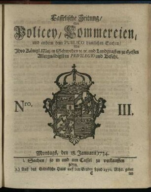 Nro. III, Montags, den 18. Januarii 1734