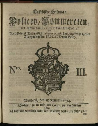 Nro. III, Montags, den 18. Januarii 1734