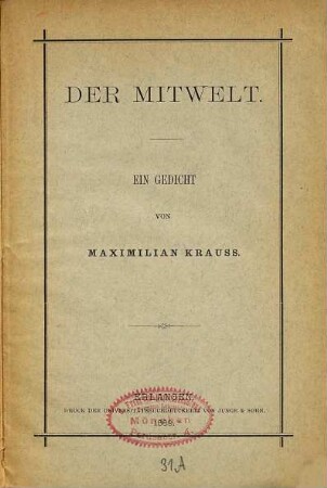 Der Mitwelt : ein Gedicht