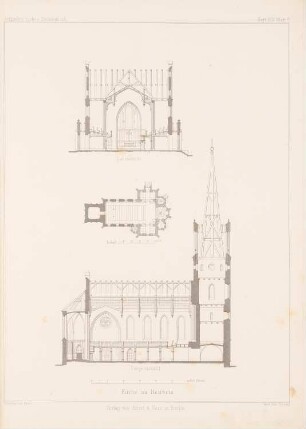 Kirche, Reitwein: Grundriss, Querschnitt, Längsschnitt (aus: Architektonisches Skizzenbuch, H. 45/2, 1860)