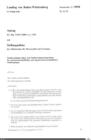 Antrag der CDU: Studienanfängerzahlen