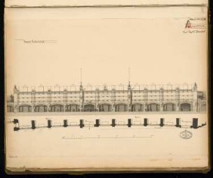 Bahnhof Börse der Stadtbahn, Berlin Monatskonkurrenz Oktober 1878: Grundriss der Fassade, Aufriss Seitenansicht; Maßstabsleiste