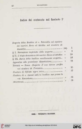 Indice del contenuto nel fascicolo I°