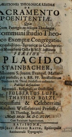 Quaestiones Theologicae Residuae De Sacramento Poenitentiae