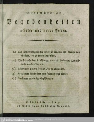 Merkwürdige Begebenheiten mittler und neuer Zeiten, 1819