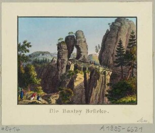 Das Neurathener Felsentor in der Sächsischen Schweiz mit Holzbrücke, aus Andenken an die Sächsische Schweiz von C. A. Richter 1820