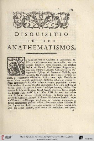 Disquisitio in hos anathematismos
