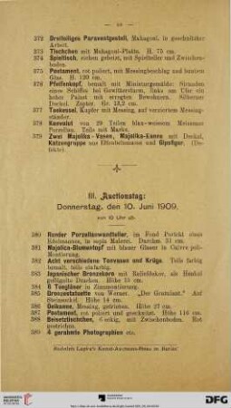 III. Auctionstag: Donnerstag, den 10. Juni 1909 von 10 Uhr ab (Nr. 380-562)