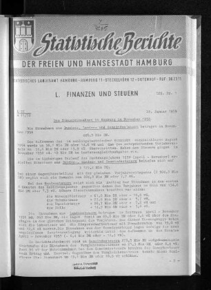 Die Steuereinnahmen in Hamburg im November 1958 : Lfd. Nr. 1