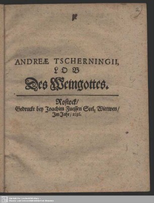 Andreae Tscherningii, Lob Des Weingottes