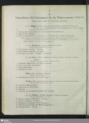 B. Verzeichniss der Vorlesungen für das Wintersemester 1882/83 alphabetisch nach den Docenten geordnet