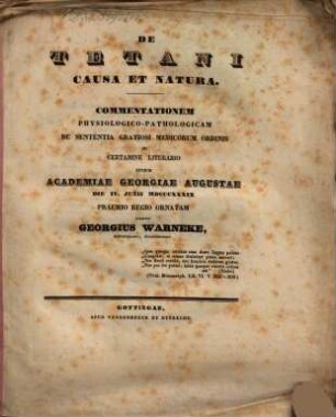 De tetani causa et natura : Commentatio physiol. pathol. praemio ornata