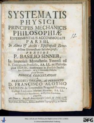Pars 3: Systematis Physici Principiis Mechanicis Philosophiae Experimentalis Accomodati Pars ...