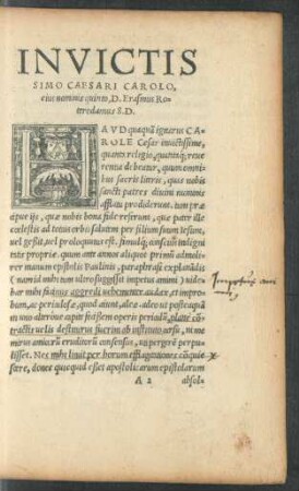Invictissimo Caesari Carolo, eius nominis quinto, D. Ersasmus Roterodamus S. D.