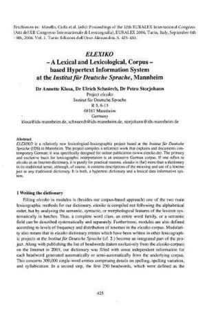 ELEXIKO - A lexical and lexicological, corpus-based hypertext information system at the Institut für Deusche Sprache