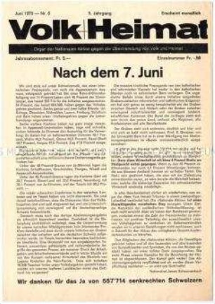 Mitteilungsblatt einer nationalistischen Bürgerbewegung aus der Schweiz zum "Volksbegehren gegen Überfremdung"