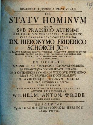 Dissertatio Jvridica Inavgvralis De Statv Hominvm