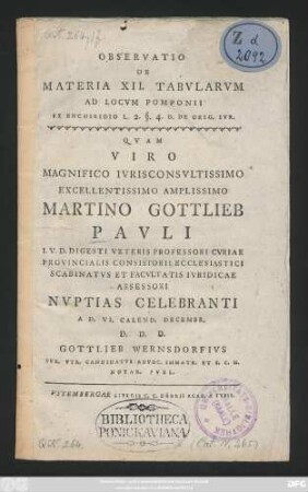 Observatio De Materia XII. Tabvlarvm Ad Locvm Pomponii Ex Enchiridio L. 2. §. 4. D. De Orig. Ivr.