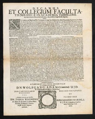 Decanus Et Collegium Facultatis Juridicae In Academia Tubingensi, multam salutem Benevolis Lectoribus, honorificè compellando singulos, dicunt