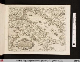 Landkarte mit Schwerpunkt auf Italien und adriatischen Meer (ehemalige Golfo di Venetia). In der Kartusche steht eine Widmung an Andrea Gradenico, verwandt an die Adelsfamilie Gardenigo aus Venedig.