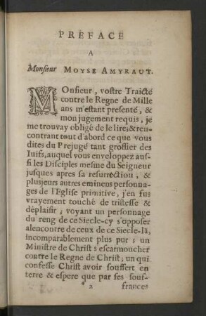 Preface a Monsieur Moyse Amyraut.