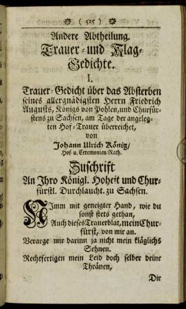 Andere Abtheilung. Trauer- und Klag-Gedichte.
