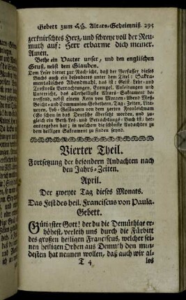 Vierter Theil. Fortsetzung der besondern Andachten nach den Jahrs-Zeiten