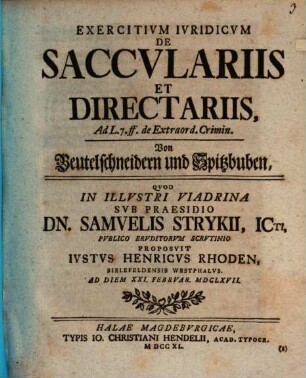 Exercitium iur. de sacculariis et directariis, von Beutelschneidern und Spitzbuben