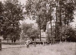 Graupzig, Hof Zschoche, über den Ketzerbach gesehen. Der Hof kam am 1.4.1634 für 400 Gulden in den Besitz der Familie (9 Generationen). Im Vordergrund Rudolf Zschoche