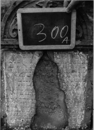 Grabstein 300 (Index: 100090200) Material: Sandstein Zustand: abgeblätt/verwitt/mit Textverlust Maße HxBxT: 65x50x12 cm Beschreibung: Stele, eingezogener Rundbogenabschluß, Schriftfeld eingetieft Symbolik: Ranken: Grabstein 300A