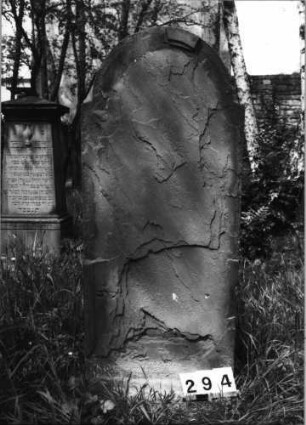 Grabstein 294 (Index: 99629795) Material: Sandstein Zustand: vorne völlig abgeblättert Maße HxBxT: 142x60x8 cm Beschreibung: Stele mit eingezogenem Rundbogenabschluß: Grabstein 294