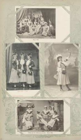 oben: Postkarte mit Theatergruppe beim Bazar 1903 in Mannheim links Mitte: Postkarte mit Damen in Postuniform beim Bazar 1903 in Mannheim rechts Mitte: Postkarte mit Dame in Postuniform und mit Posthorn beim Bazar 1903 in Mannheim unten: Postkarte mit Damen aus der "Selterswasserbude" beim Bazar 1903 in Mannheim