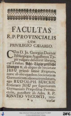 Facultas R. P. Provincialis Cum Privilegio Caesareo.