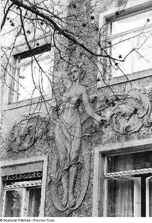 Jugendstilornament an einer Hausfassade, wahrscheinlich in der "Wilder-Mann-Straße" in Trachau