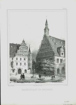 Ansicht vom Marktplatz in Zwickau, Lithografie, um 1838 : Marktplatz zu Zwickau / Gez. v. C. Patzschke. Lith. v. Loeillot. - [Leipzig] ; Berlin : L. Sachse , [um 1838]. - 1 Kunstbl. : Lithographie ; 19 x 24 cm +++ Auch enth. in: Denkmale der Baukunst des Mittelalters in Sachsen. - Oben rechts: No.20