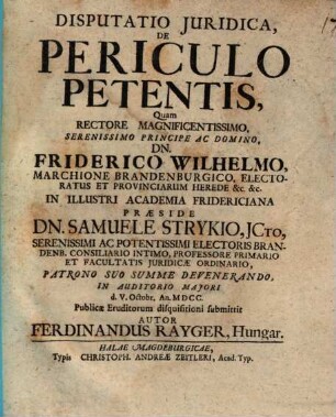 Disputatio Juridica, De Periculo Petentis