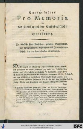 Kurzgefaßtes Pro Memoria für das Domkapitel der Kathedralkirche von Straßburg.