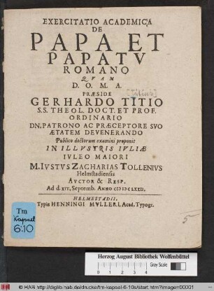 Exercitatio Academica De Papa Et Papatu Romano