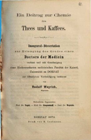 Ein Beitrag zur Chemie des Thees und Kaffees : Inaugural-Dissertation