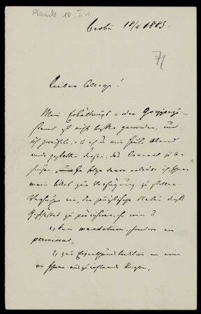 Nr. 1: Brief von Bernhard Windscheid an Gottlieb Planck, 18.4.1883
