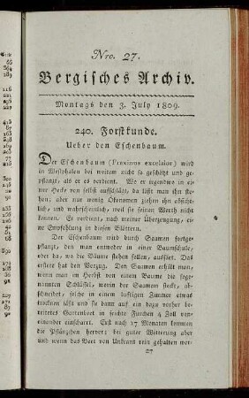 Nro. 27. Bergisches Archiv. Montags den 3. July 1809. - Nro. 28. Bergisches Archiv. Montags den 10. July 1809.