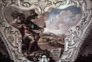 Bauer mit der Personifikation der Fruchtbarkeit vor einer Landschaft mit landwirtschaftlichen Arbeiten: "Scientia difficilis sed fructuosa"
