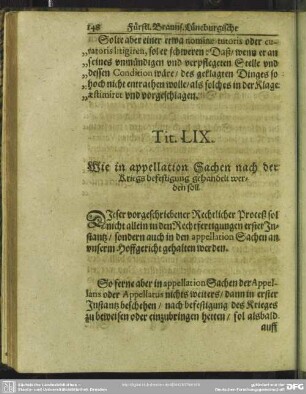Tit. LIX. Wie in appellation Sachen nach der Kriegsbefestigung gehandelt werden soll
