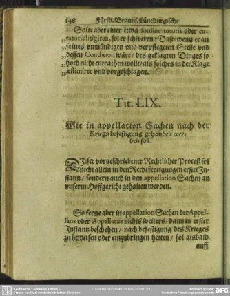 Tit. LIX. Wie in appellation Sachen nach der Kriegsbefestigung gehandelt werden soll