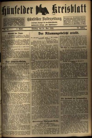 Erste Ausgabe vom Dienstag, den 20. Mai 1930.