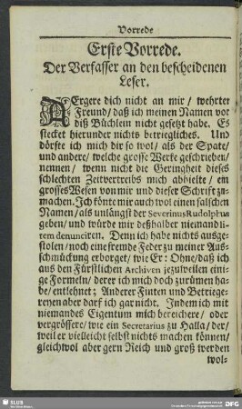 Erste Vorrede. Der Verfasser an den bescheidenen Leser
