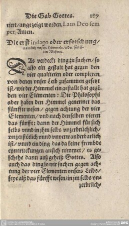 Die erst indago oder erforschung/ nemlich unsers Himmels/ oder fünfften Wesens.