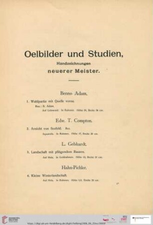 Oelbilder und Studien, Handzeichnungen neuerer Meister (Nr. 1-278)